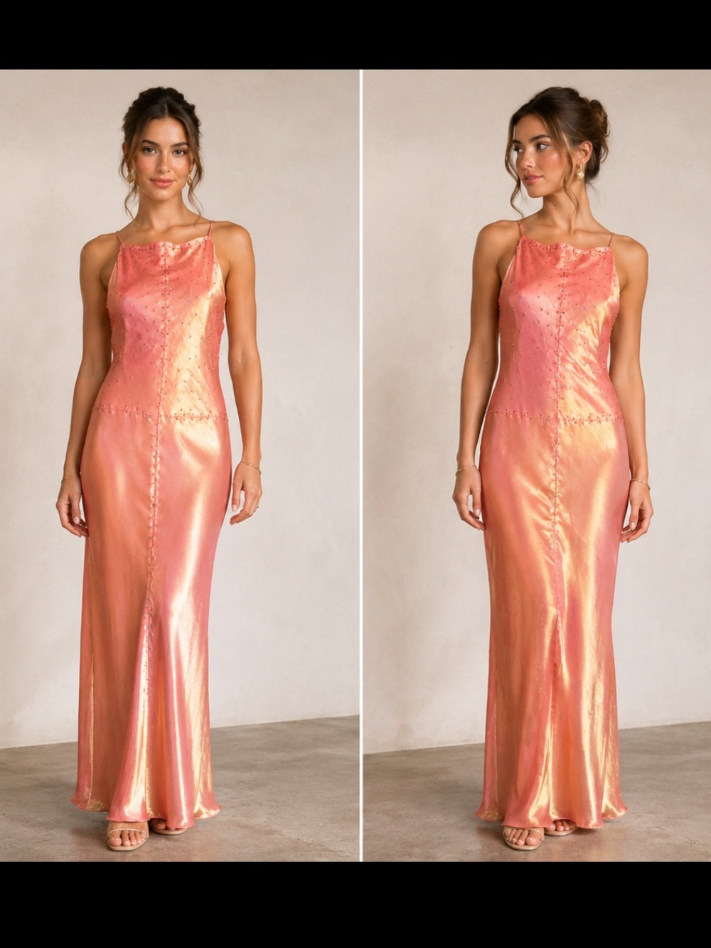 Iridescent Peach Satin Prom Dress - Elegant Halter Gown